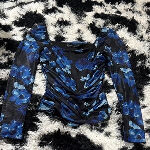 New York & Company Blue Floral Mesh Blouse
